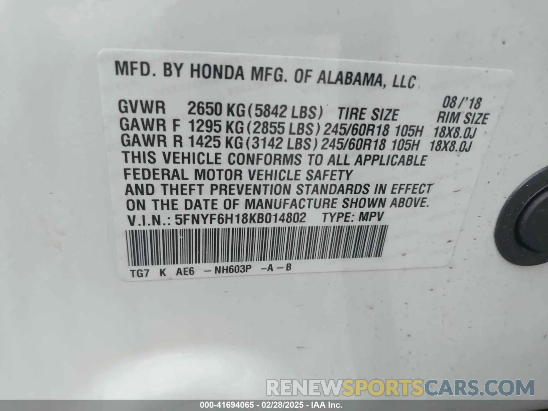 9 fotografías del automóvil dañado 5FNYF6H18KB014802 HONDA PILOT 2019