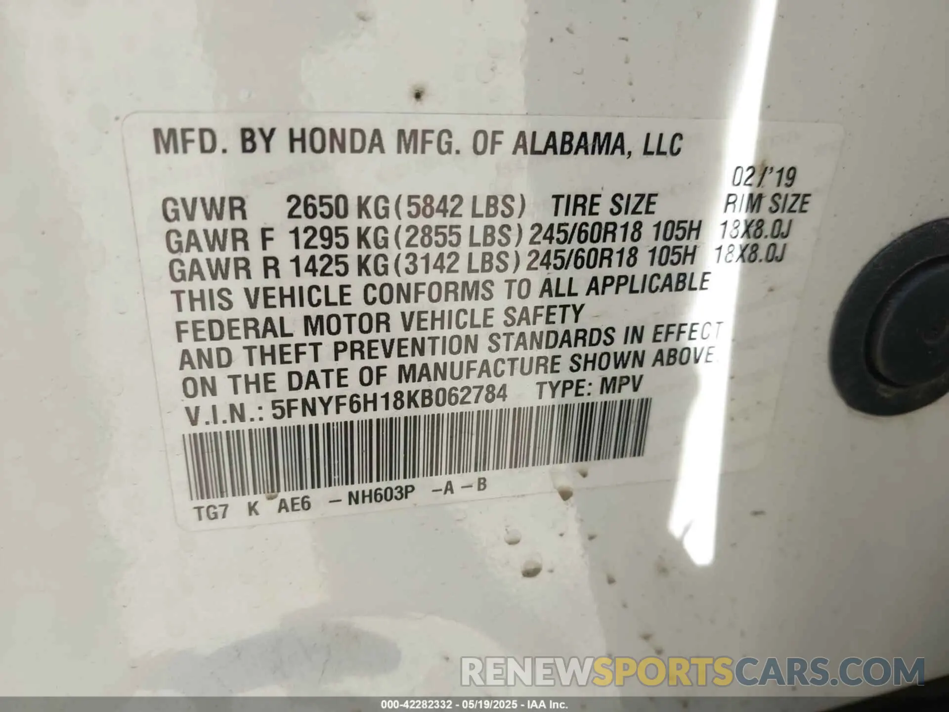 9 fotografías del automóvil dañado 5FNYF6H18KB062784 HONDA PILOT 2019