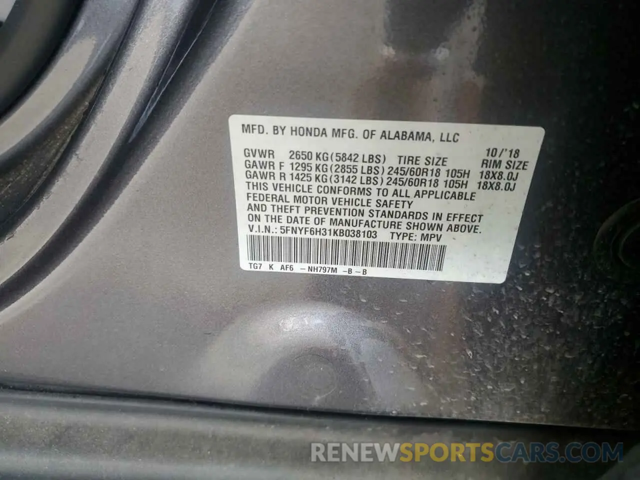 13 fotografías del automóvil dañado 5FNYF6H31KB038103 HONDA PILOT 2019