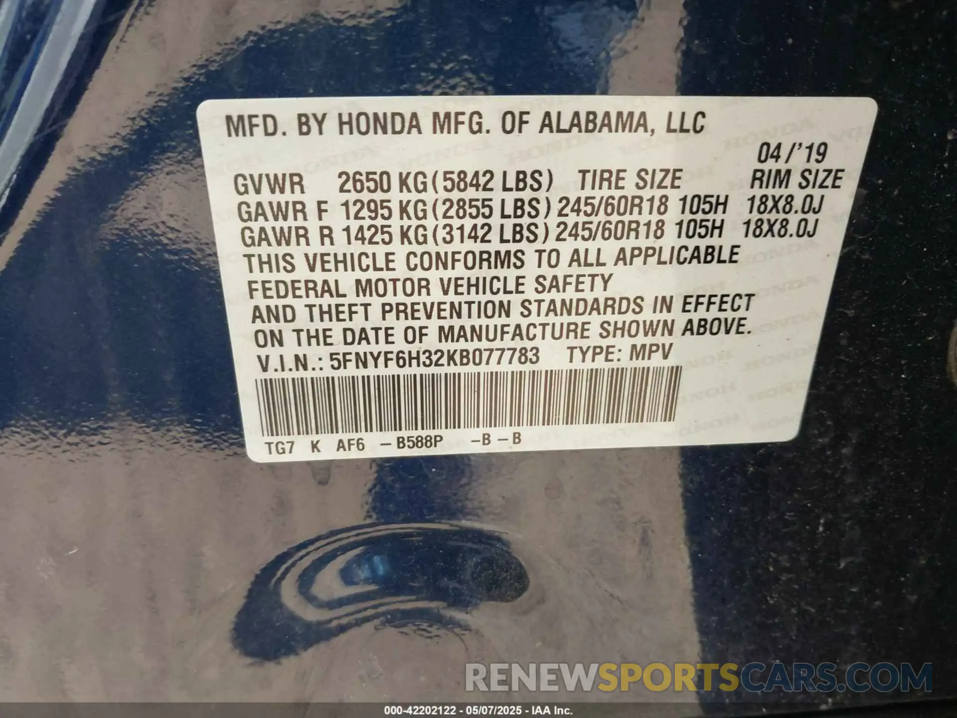9 fotografías del automóvil dañado 5FNYF6H32KB077783 HONDA PILOT 2019
