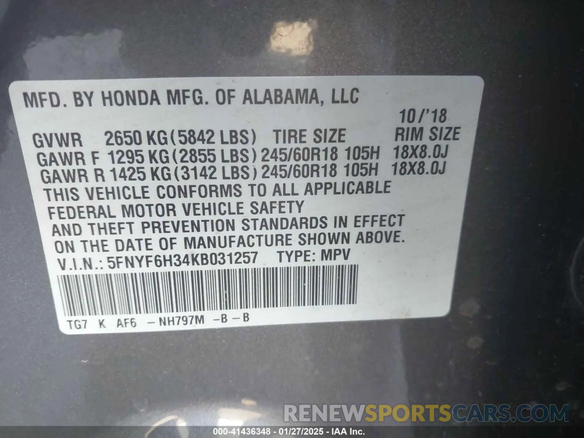 9 fotografías del automóvil dañado 5FNYF6H34KB031257 HONDA PILOT 2019