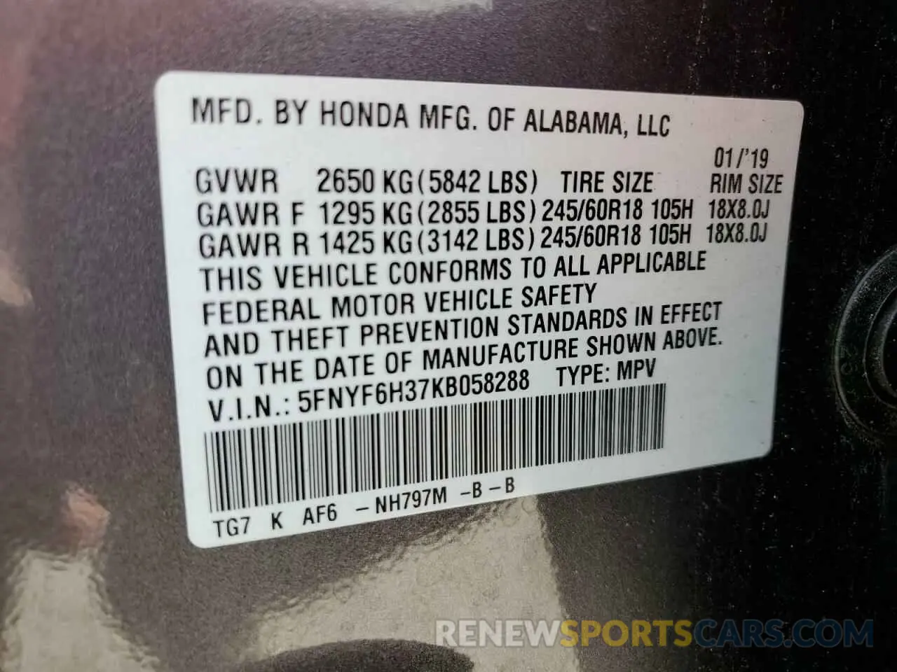 13 fotografías del automóvil dañado 5FNYF6H37KB058288 HONDA PILOT 2019