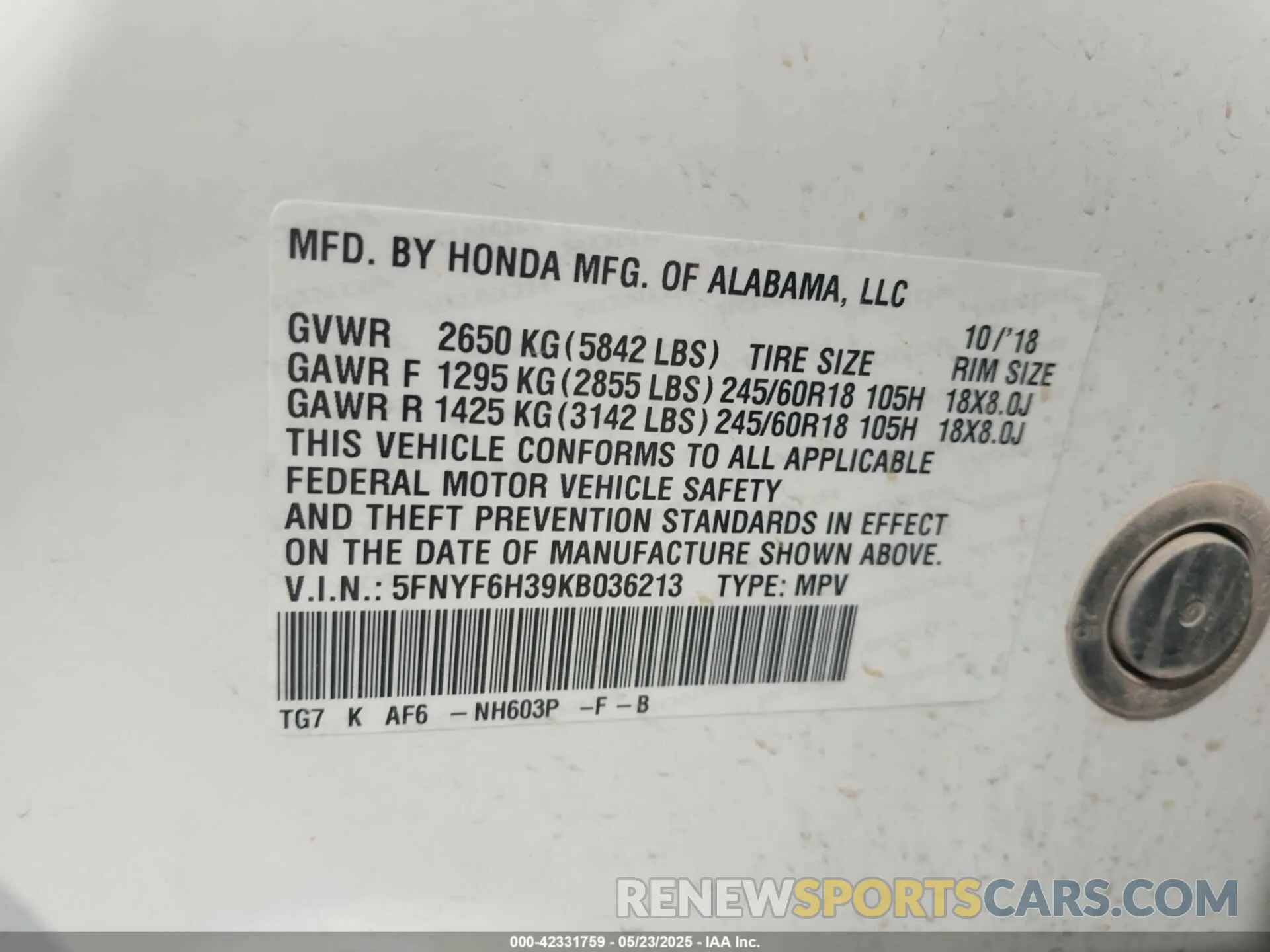 9 fotografías del automóvil dañado 5FNYF6H39KB036213 HONDA PILOT 2019