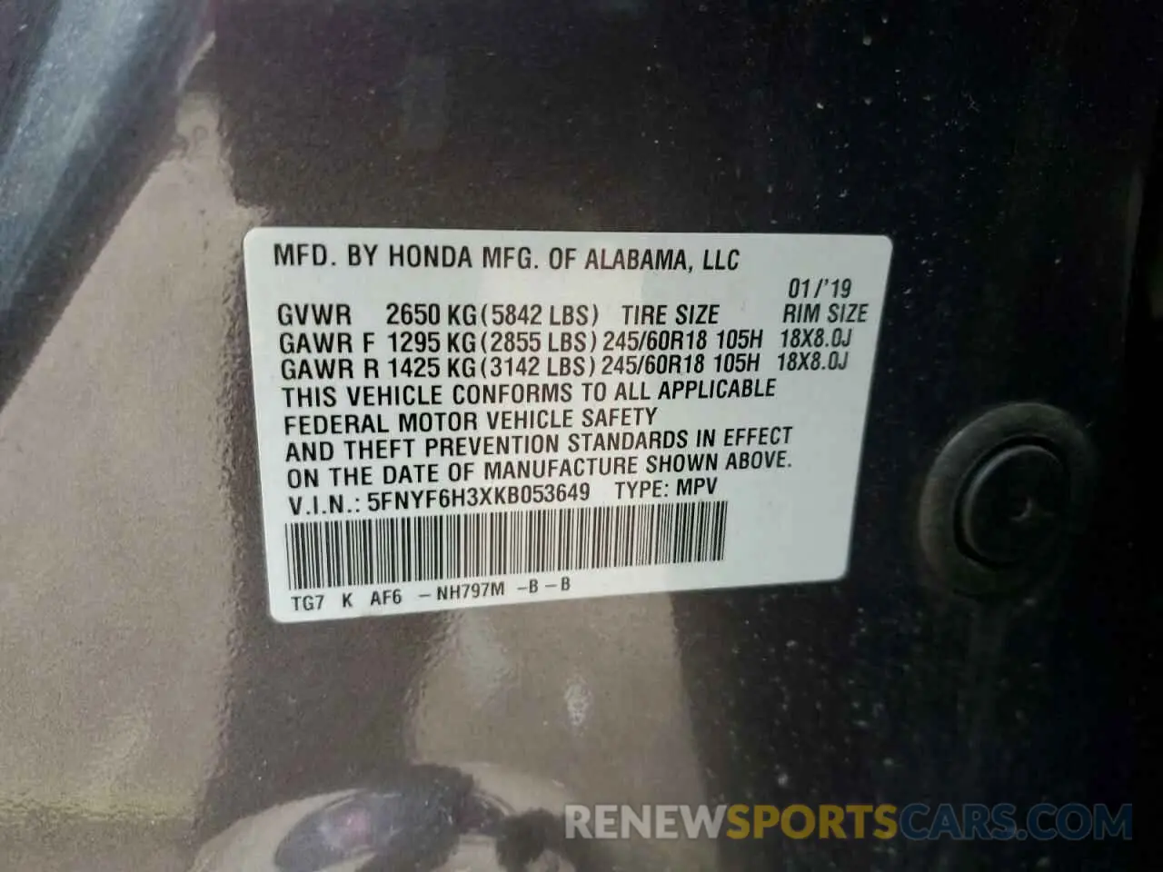 14 fotografías del automóvil dañado 5FNYF6H3XKB053649 HONDA PILOT 2019