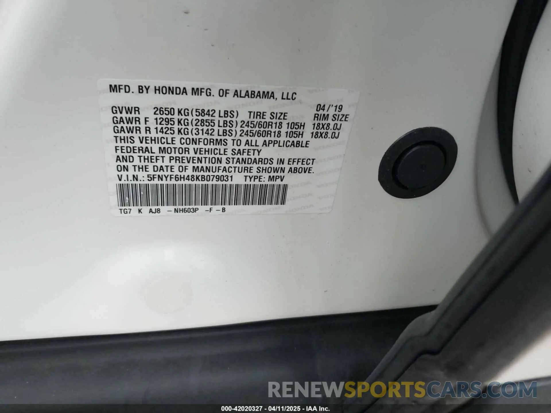 9 fotografías del automóvil dañado 5FNYF6H48KB079031 HONDA PILOT 2019