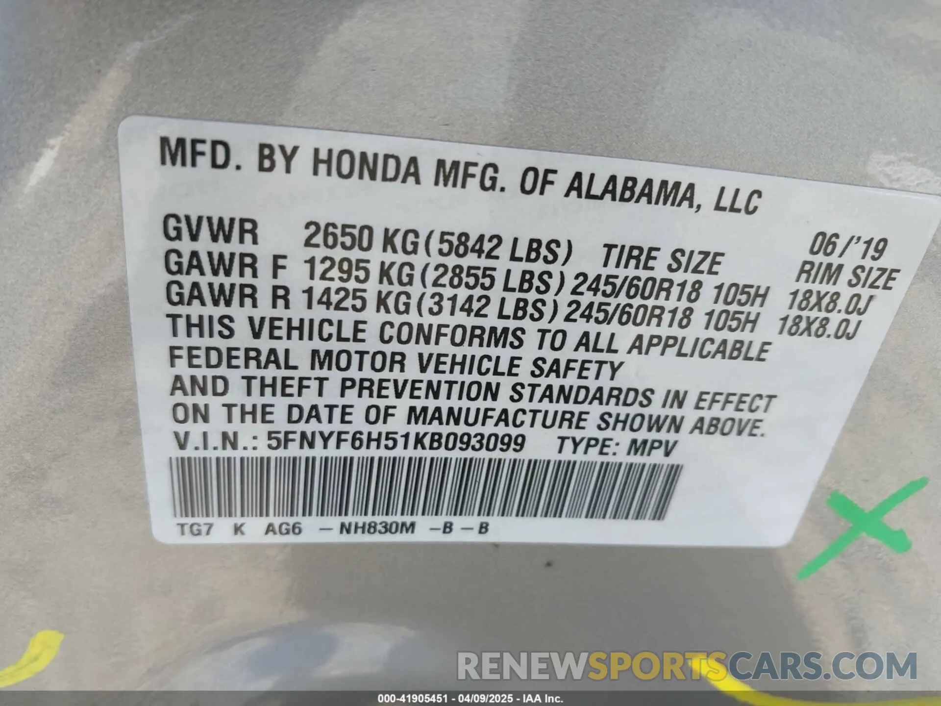 9 fotografías del automóvil dañado 5FNYF6H51KB093099 HONDA PILOT 2019