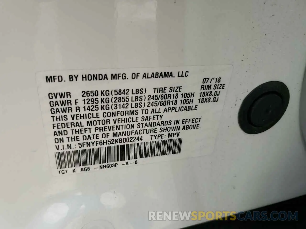 15 fotografías del automóvil dañado 5FNYF6H52KB002244 HONDA PILOT 2019