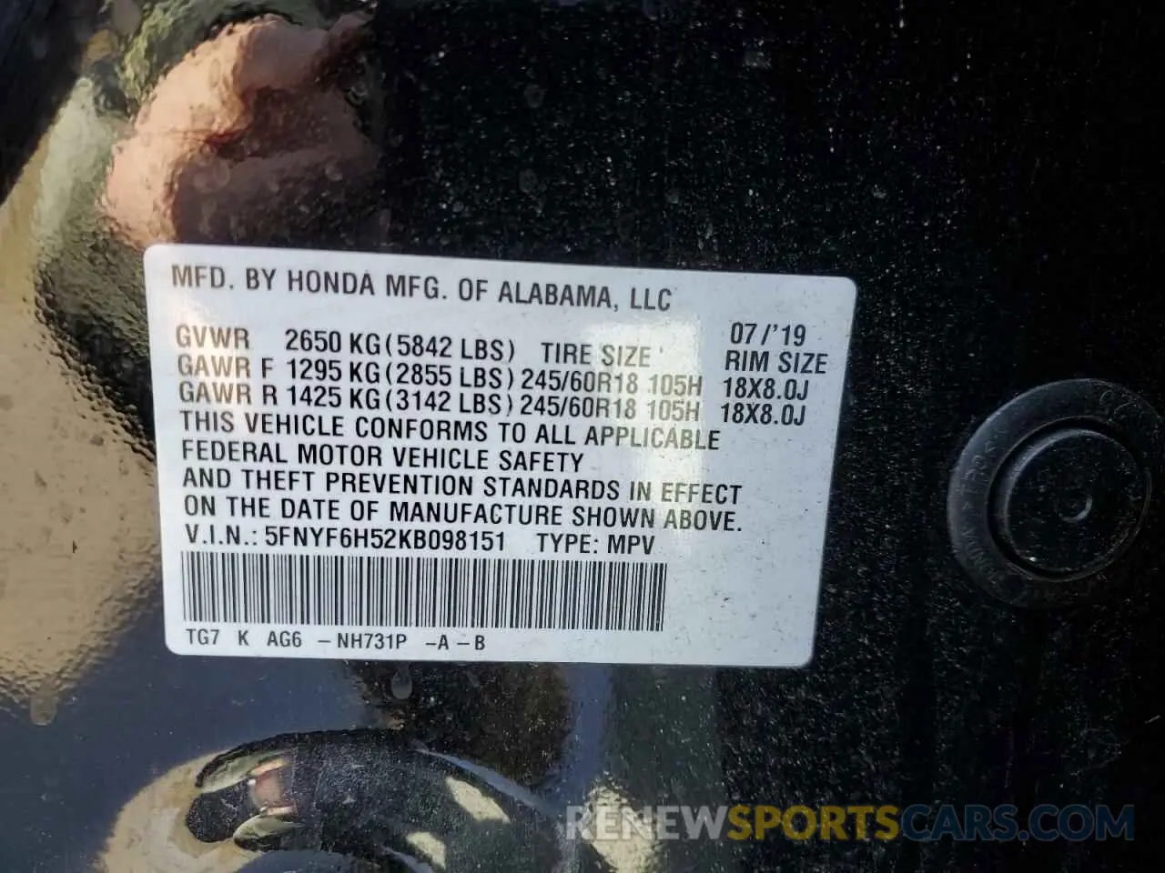 15 fotografías del automóvil dañado 5FNYF6H52KB098151 HONDA PILOT 2019