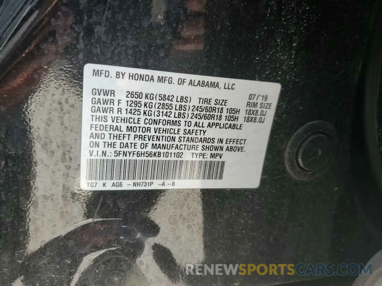 13 fotografías del automóvil dañado 5FNYF6H56KB101102 HONDA PILOT 2019