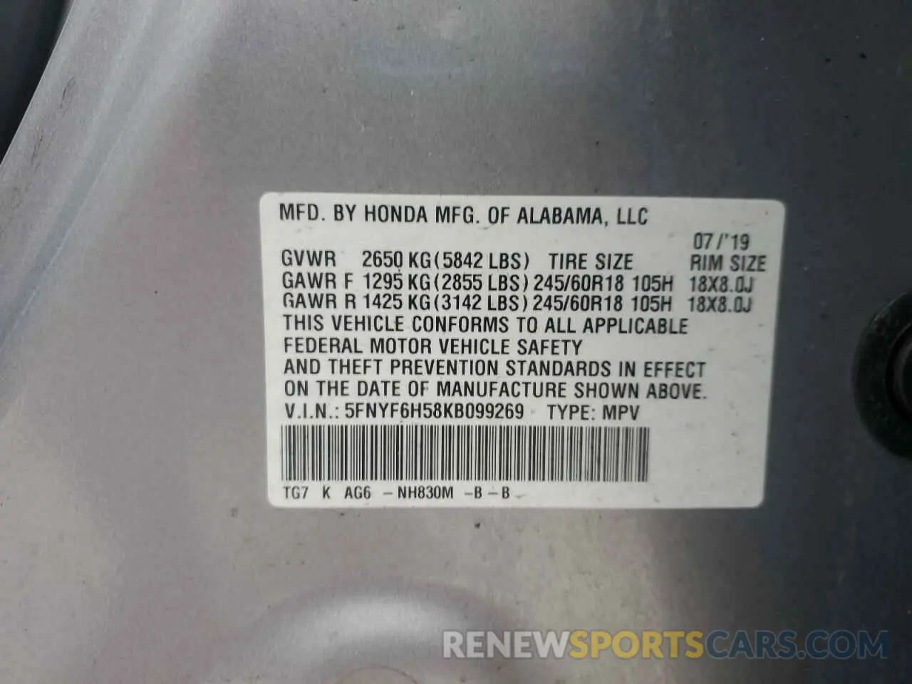 13 fotografías del automóvil dañado 5FNYF6H58KB099269 HONDA PILOT 2019