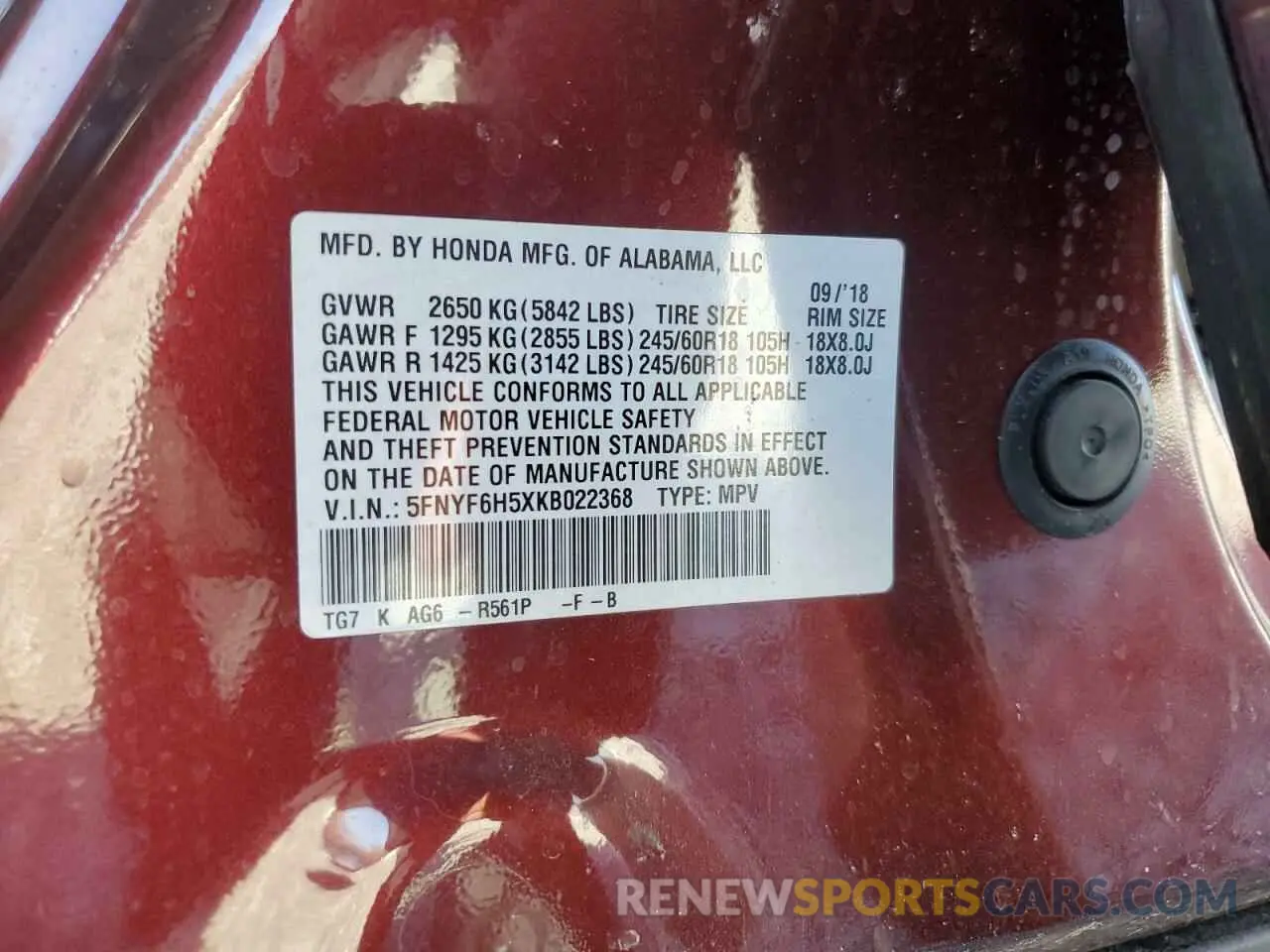 15 fotografías del automóvil dañado 5FNYF6H5XKB022368 HONDA PILOT 2019