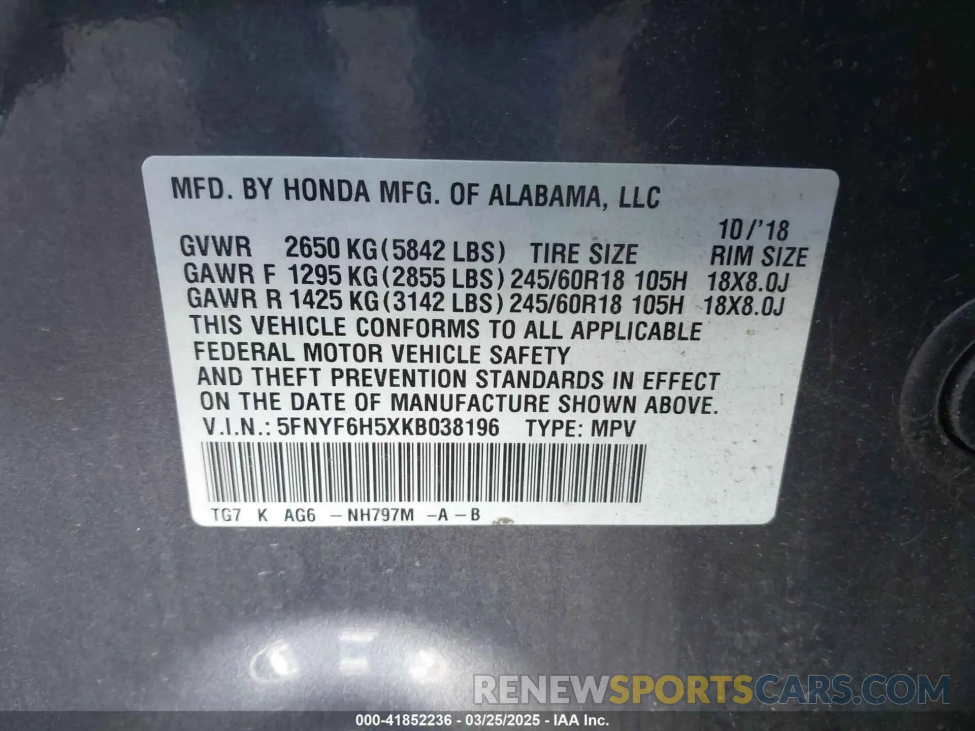 9 fotografías del automóvil dañado 5FNYF6H5XKB038196 HONDA PILOT 2019