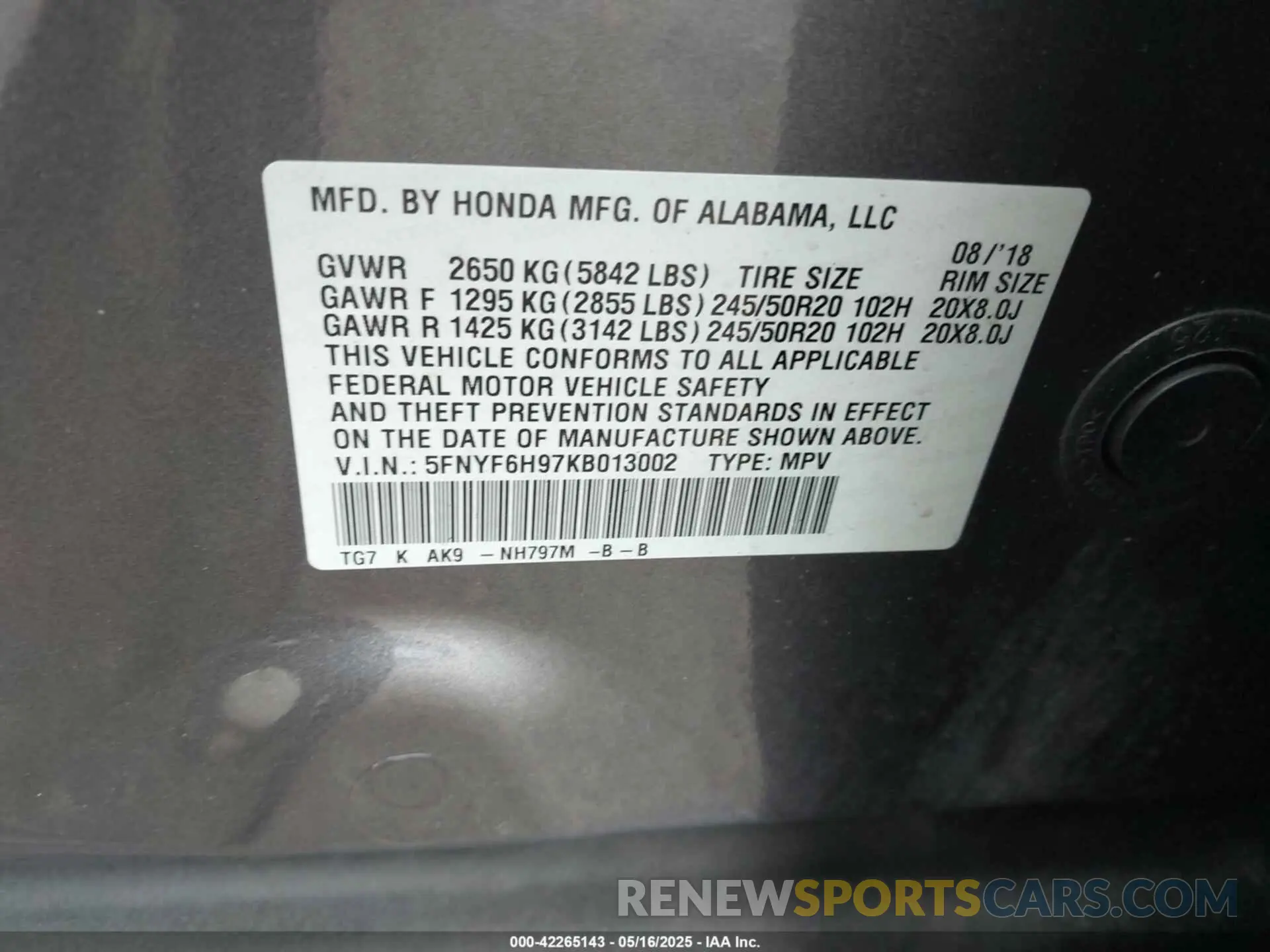 9 fotografías del automóvil dañado 5FNYF6H97KB013002 HONDA PILOT 2019