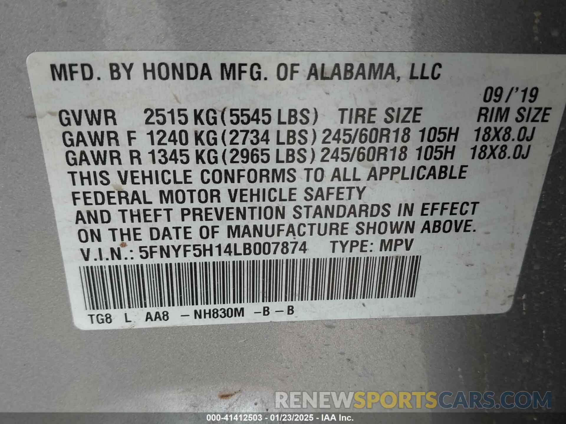 9 fotografías del automóvil dañado 5FNYF5H14LB007874 HONDA PILOT 2020