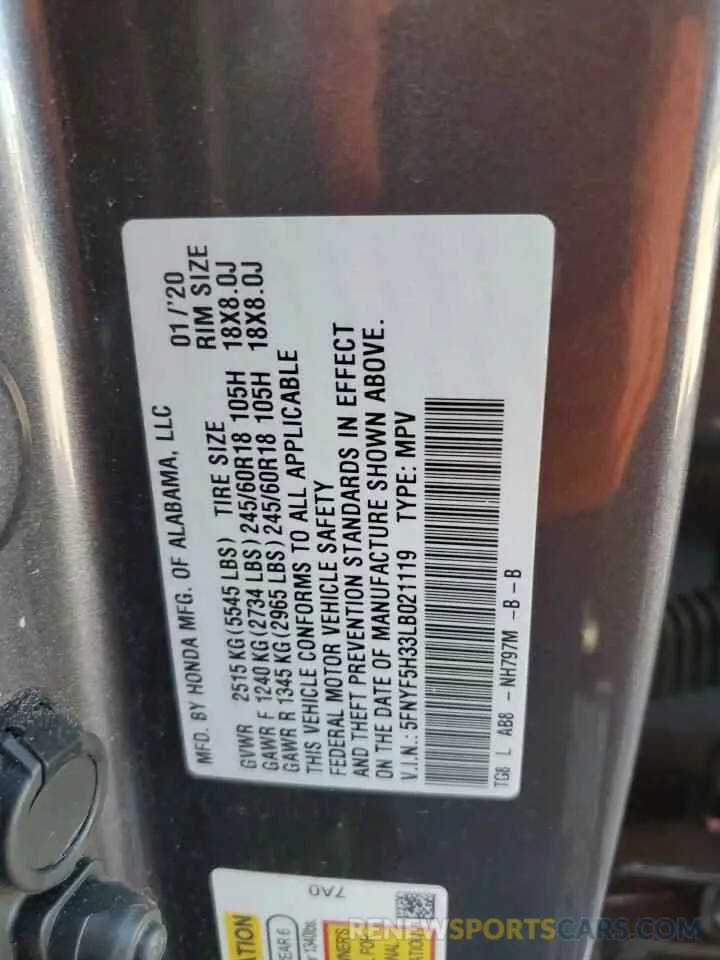 13 fotografías del automóvil dañado 5FNYF5H33LB021119 HONDA PILOT 2020