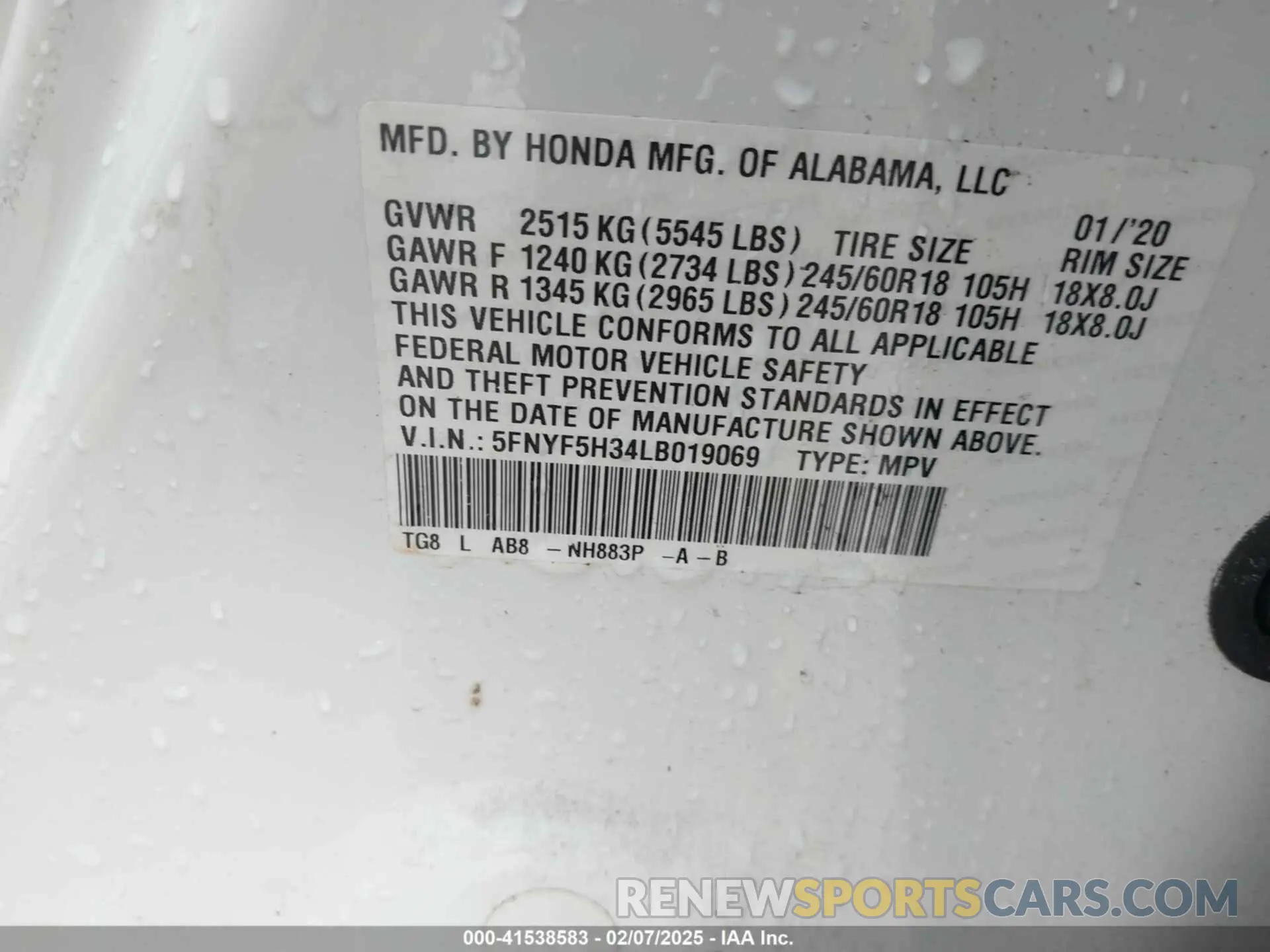 9 fotografías del automóvil dañado 5FNYF5H34LB019069 HONDA PILOT 2020