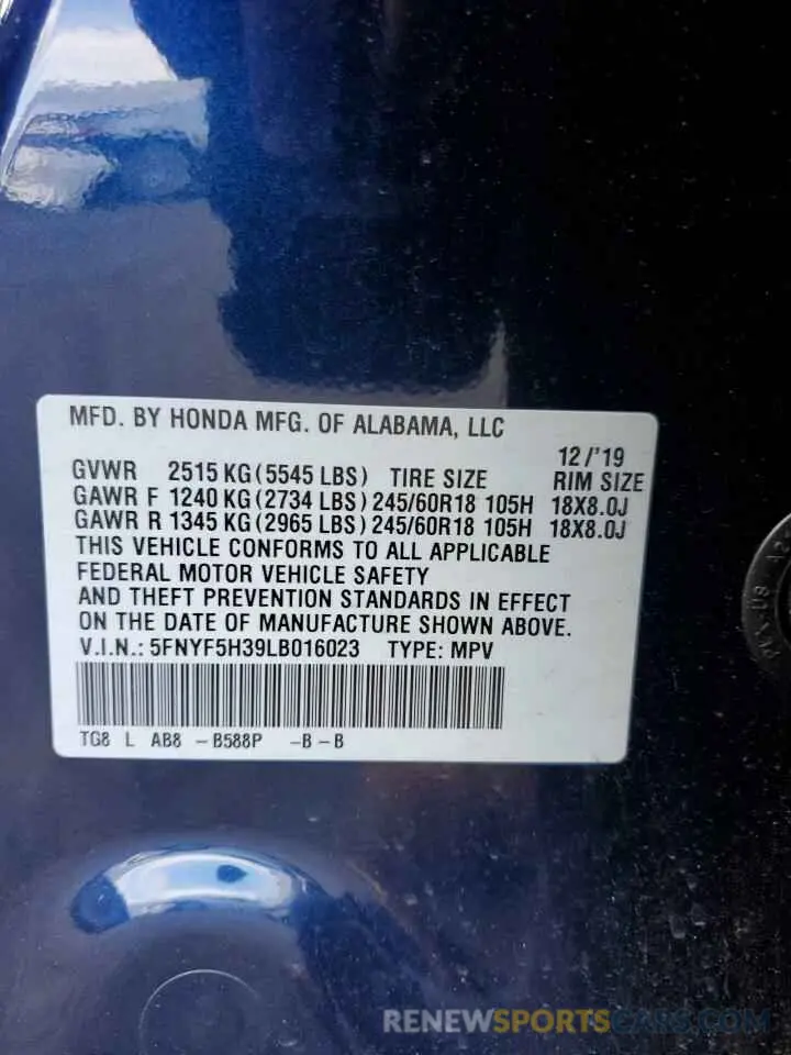 13 fotografías del automóvil dañado 5FNYF5H39LB016023 HONDA PILOT 2020