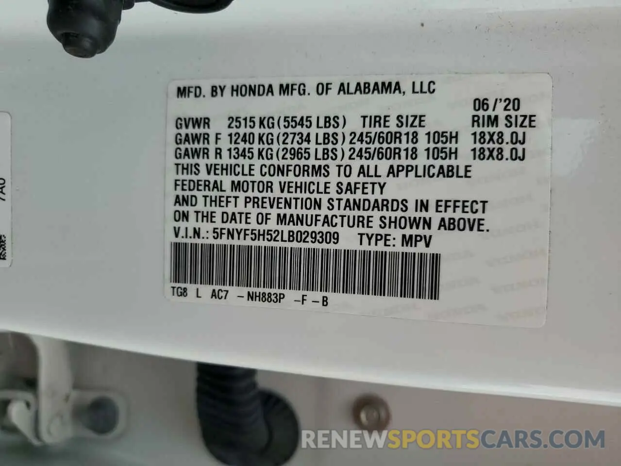 12 fotografías del automóvil dañado 5FNYF5H52LB029309 HONDA PILOT 2020