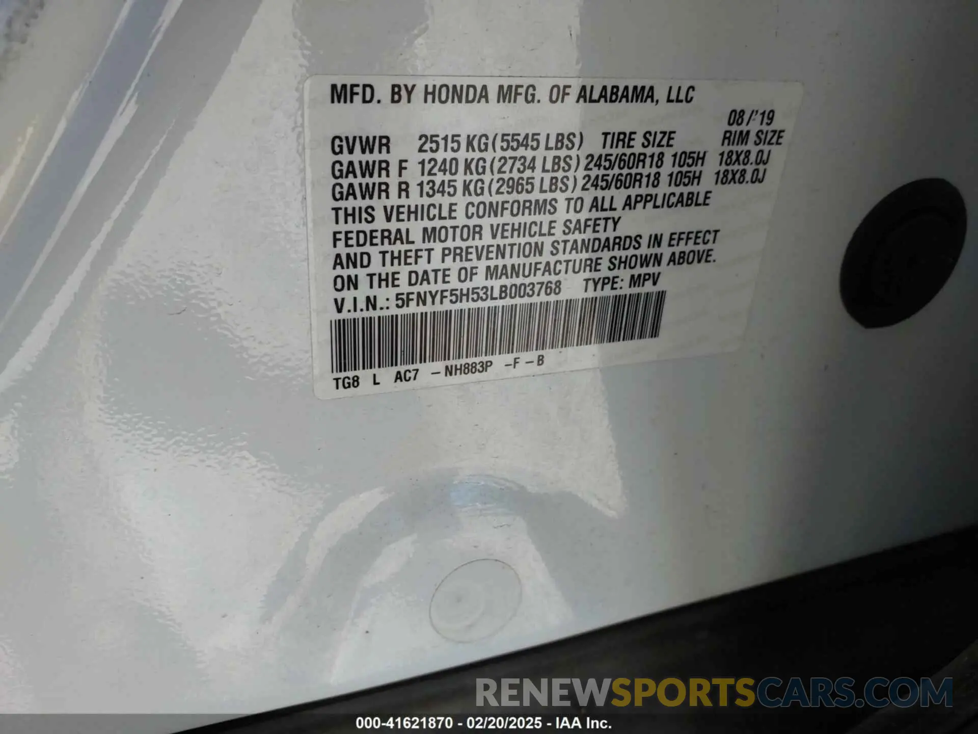 9 fotografías del automóvil dañado 5FNYF5H53LB003768 HONDA PILOT 2020
