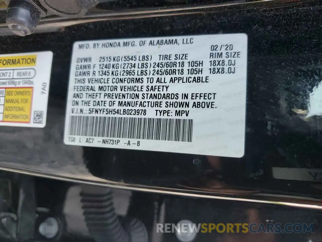 13 fotografías del automóvil dañado 5FNYF5H54LB023978 HONDA PILOT 2020