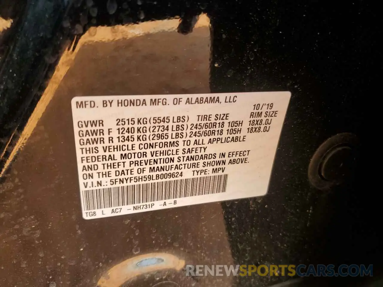15 fotografías del automóvil dañado 5FNYF5H59LB009624 HONDA PILOT 2020