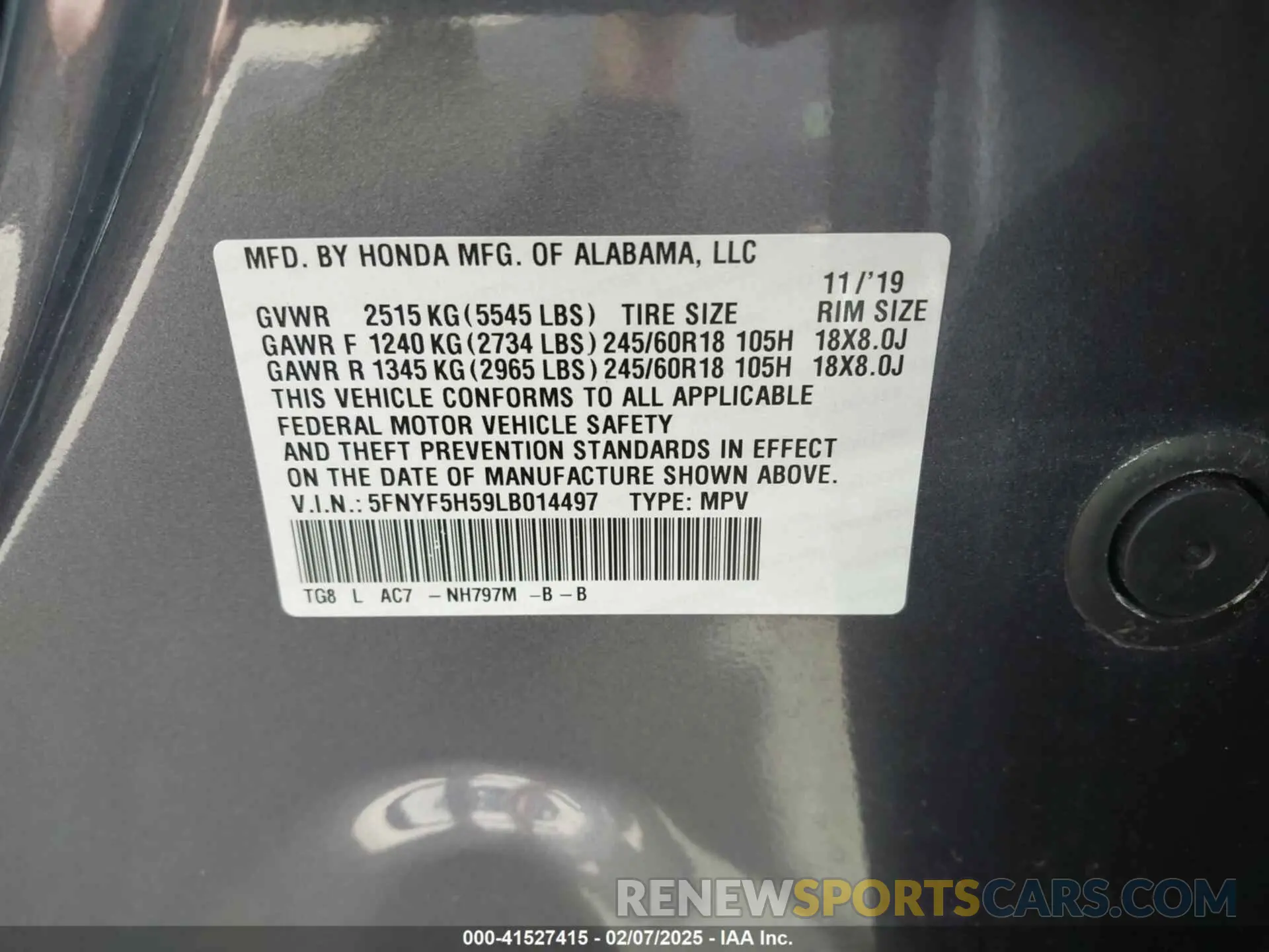 9 fotografías del automóvil dañado 5FNYF5H59LB014497 HONDA PILOT 2020
