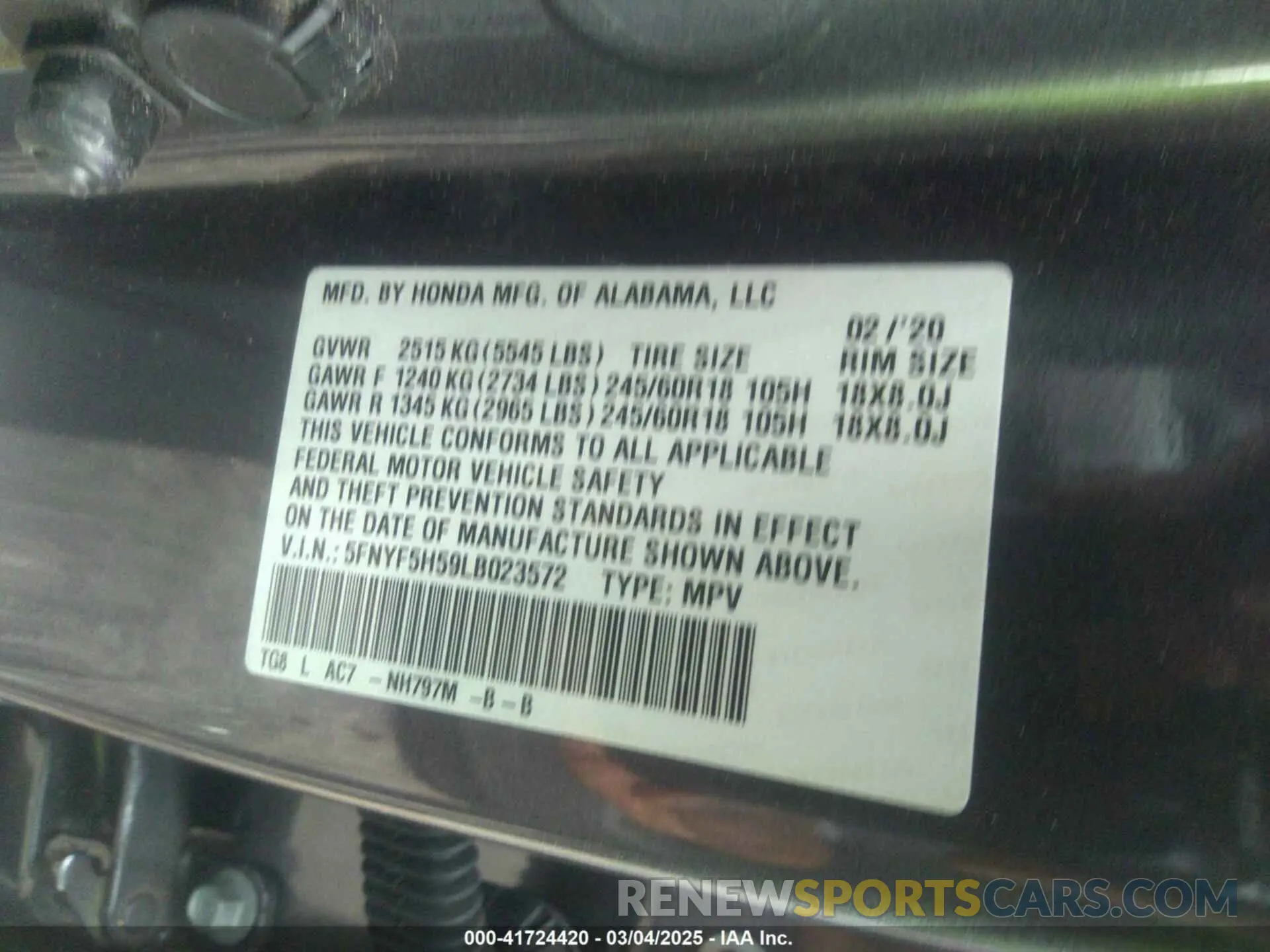 9 fotografías del automóvil dañado 5FNYF5H59LB023572 HONDA PILOT 2020
