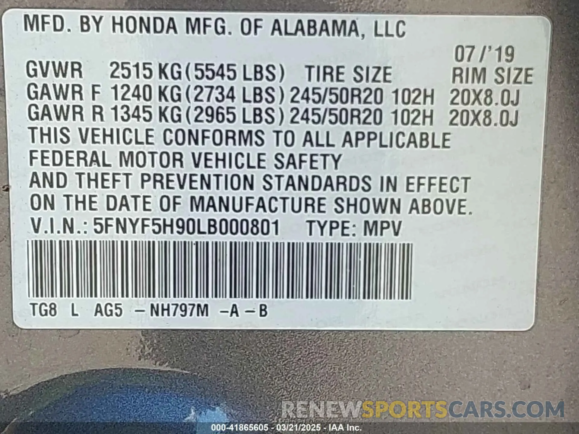 9 fotografías del automóvil dañado 5FNYF5H90LB000801 HONDA PILOT 2020