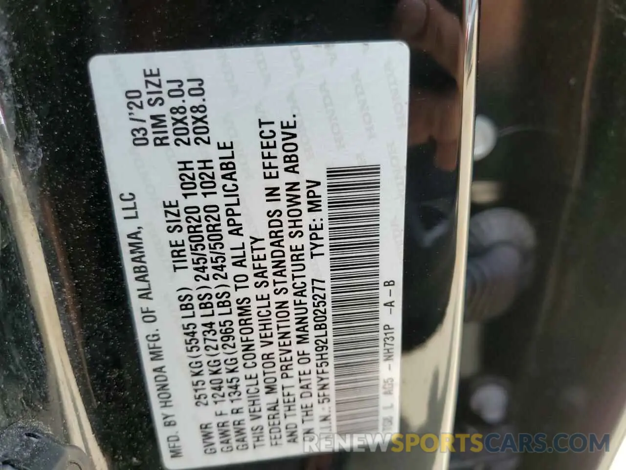 13 fotografías del automóvil dañado 5FNYF5H92LB025277 HONDA PILOT 2020