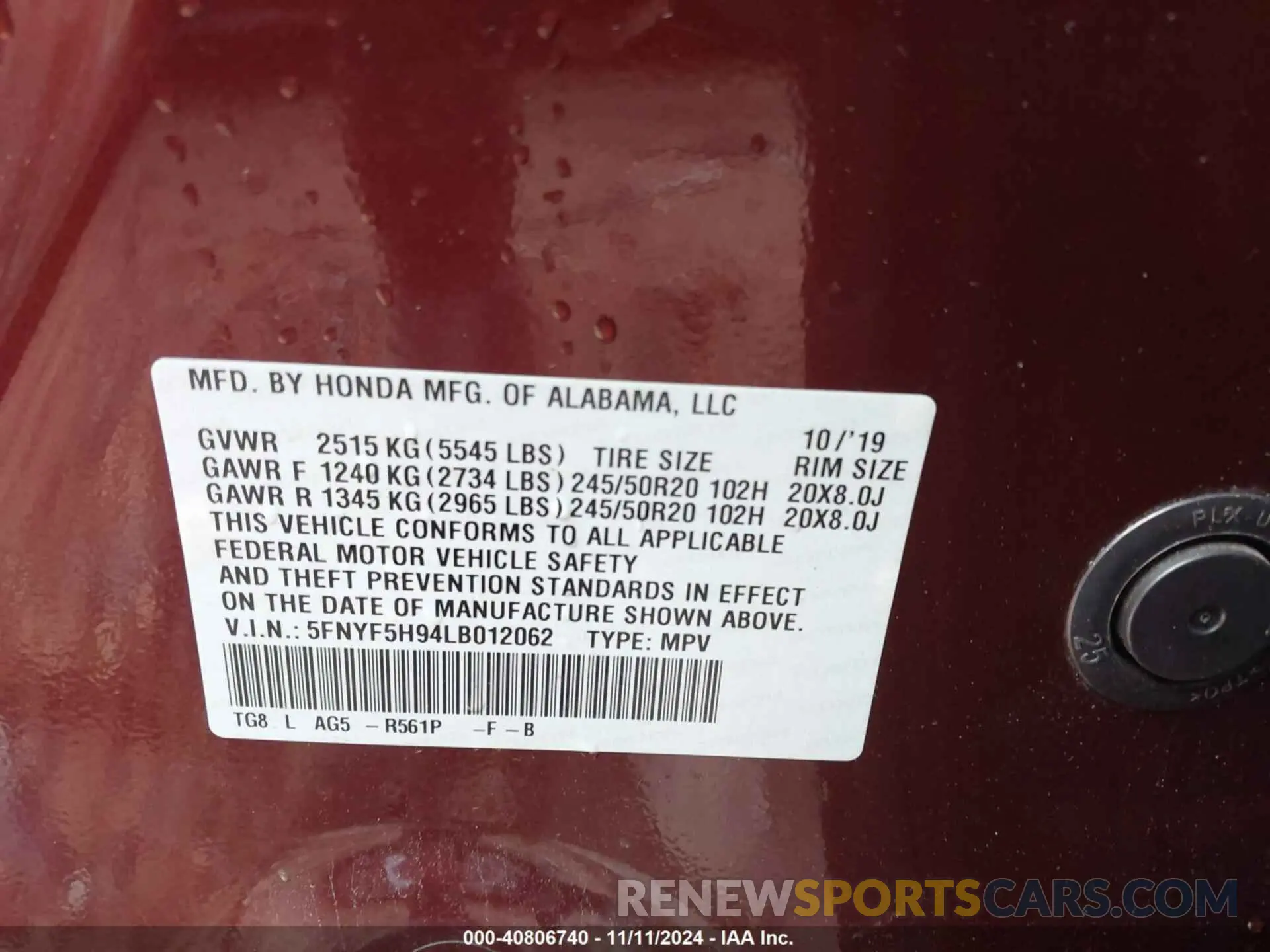 9 fotografías del automóvil dañado 5FNYF5H94LB012062 HONDA PILOT 2020