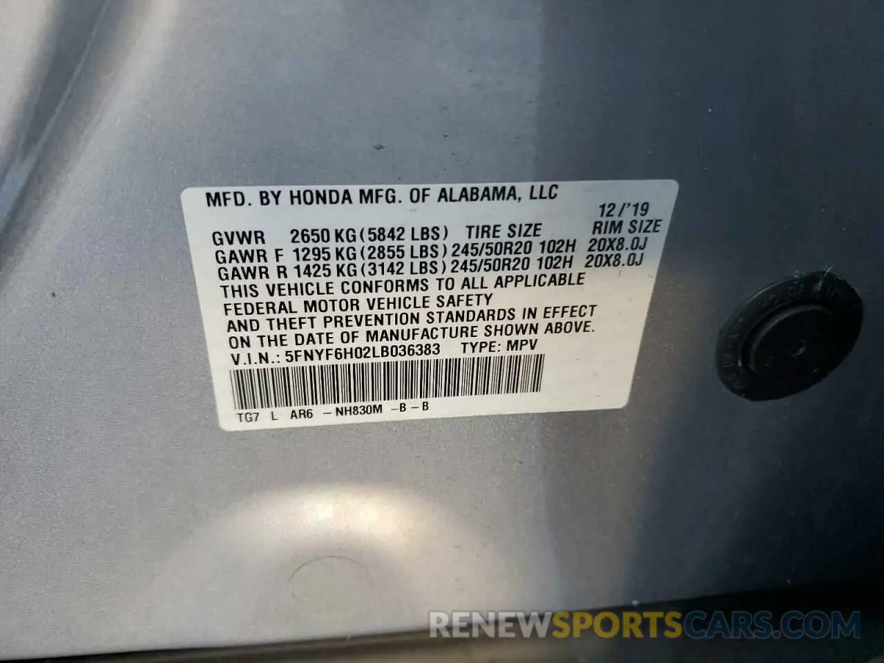 13 fotografías del automóvil dañado 5FNYF6H02LB036383 HONDA PILOT 2020