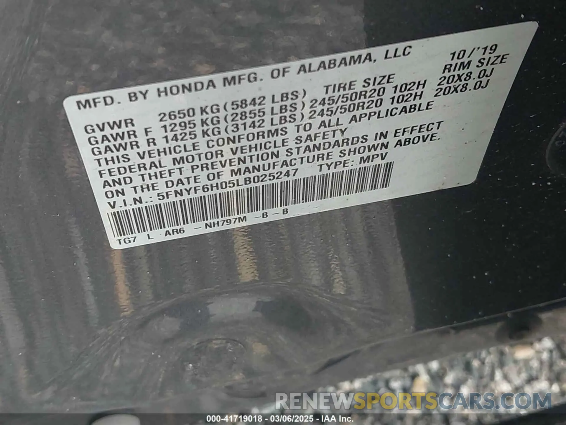 9 fotografías del automóvil dañado 5FNYF6H05LB025247 HONDA PILOT 2020