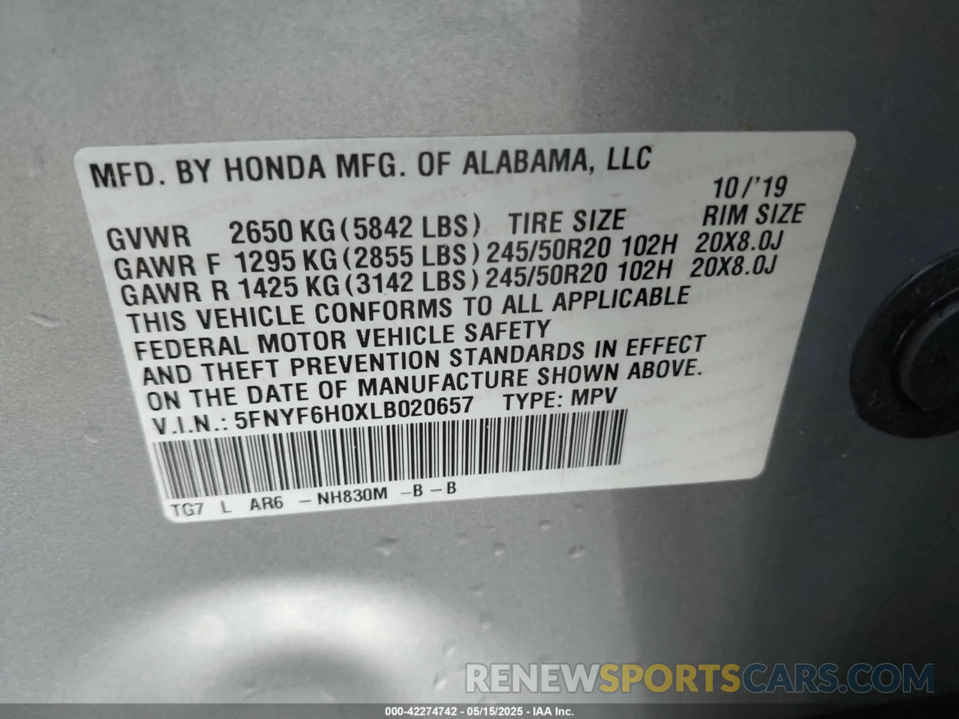 9 fotografías del automóvil dañado 5FNYF6H0XLB020657 HONDA PILOT 2020