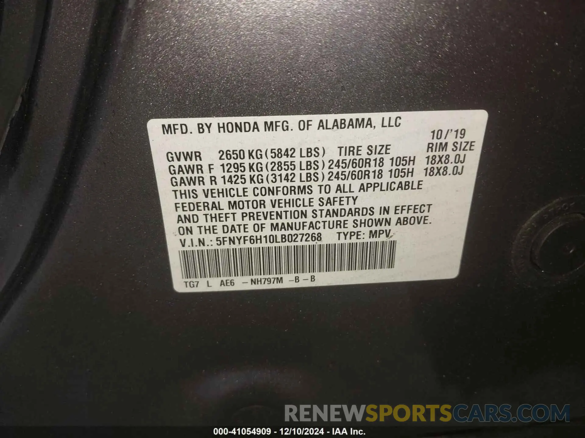 9 fotografías del automóvil dañado 5FNYF6H10LB027268 HONDA PILOT 2020
