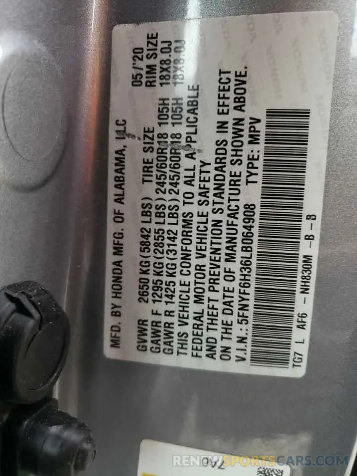 13 fotografías del automóvil dañado 5FNYF6H36LB064908 HONDA PILOT 2020