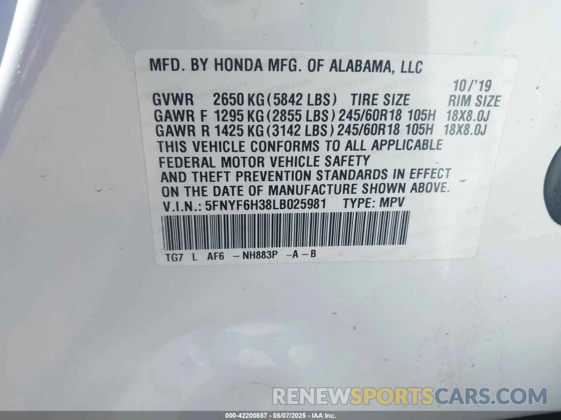 9 fotografías del automóvil dañado 5FNYF6H38LB025981 HONDA PILOT 2020