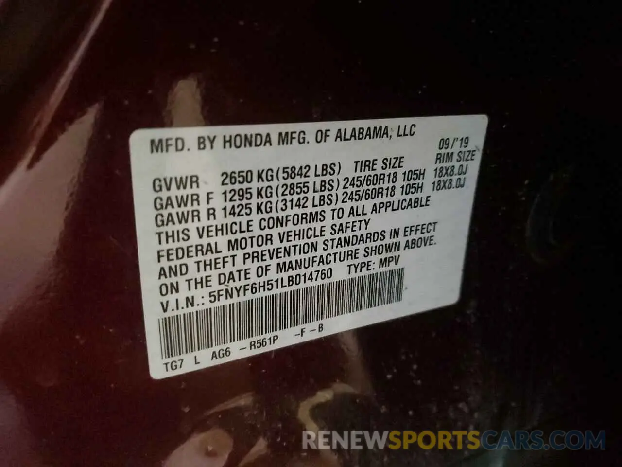 13 fotografías del automóvil dañado 5FNYF6H51LB014760 HONDA PILOT 2020