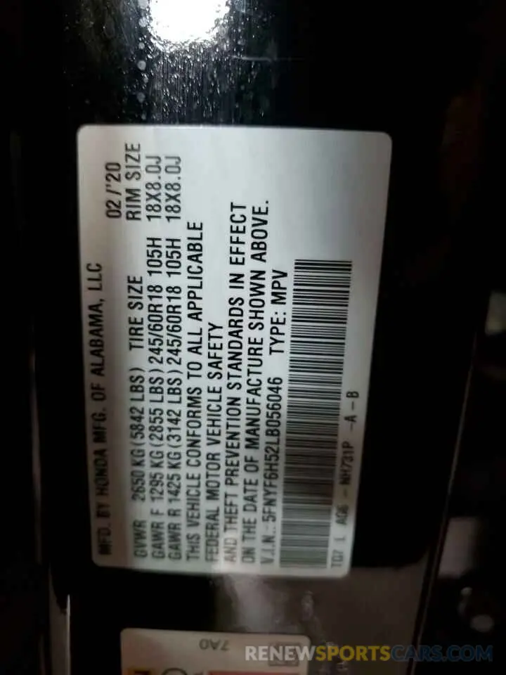 13 fotografías del automóvil dañado 5FNYF6H52LB056046 HONDA PILOT 2020