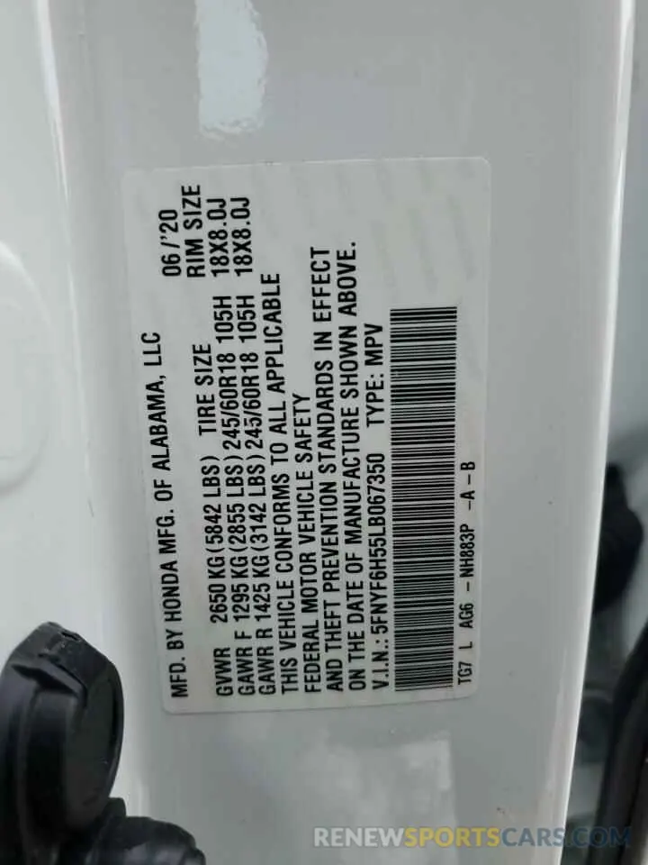 13 fotografías del automóvil dañado 5FNYF6H55LB067350 HONDA PILOT 2020