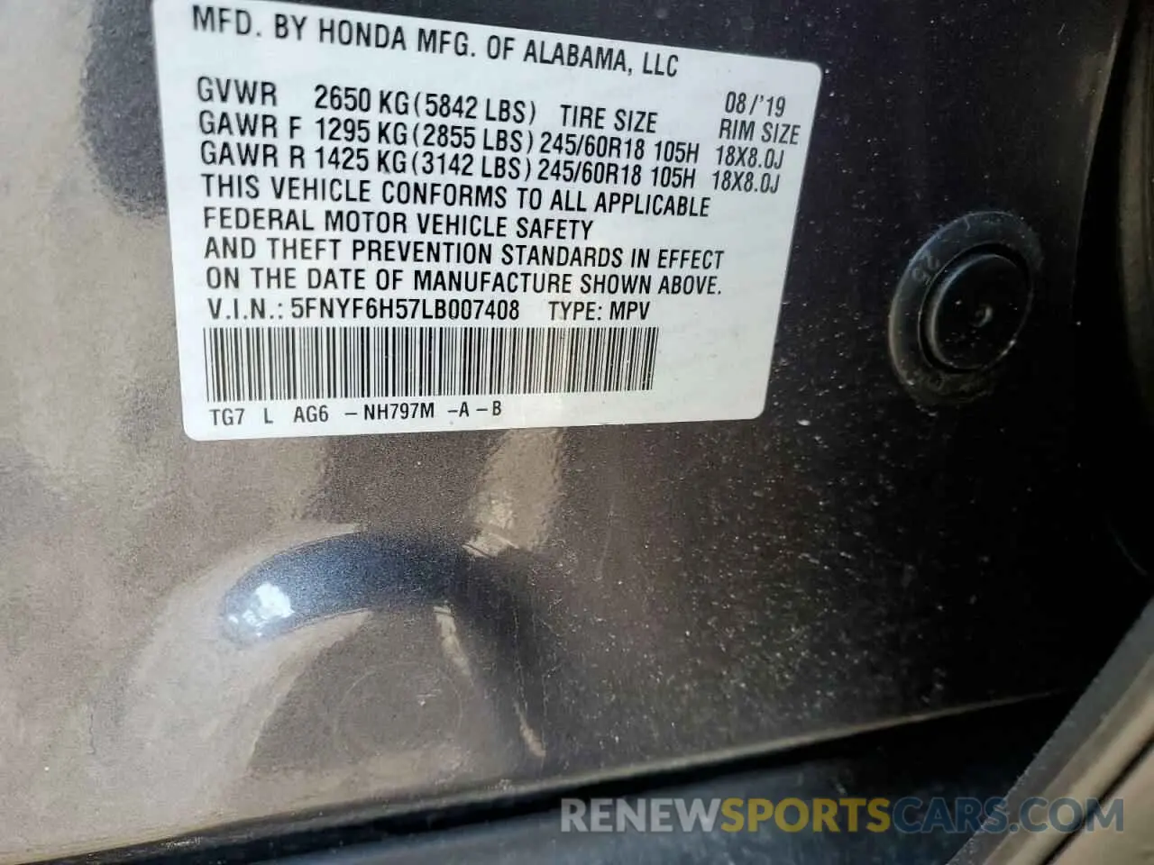 13 fotografías del automóvil dañado 5FNYF6H57LB007408 HONDA PILOT 2020