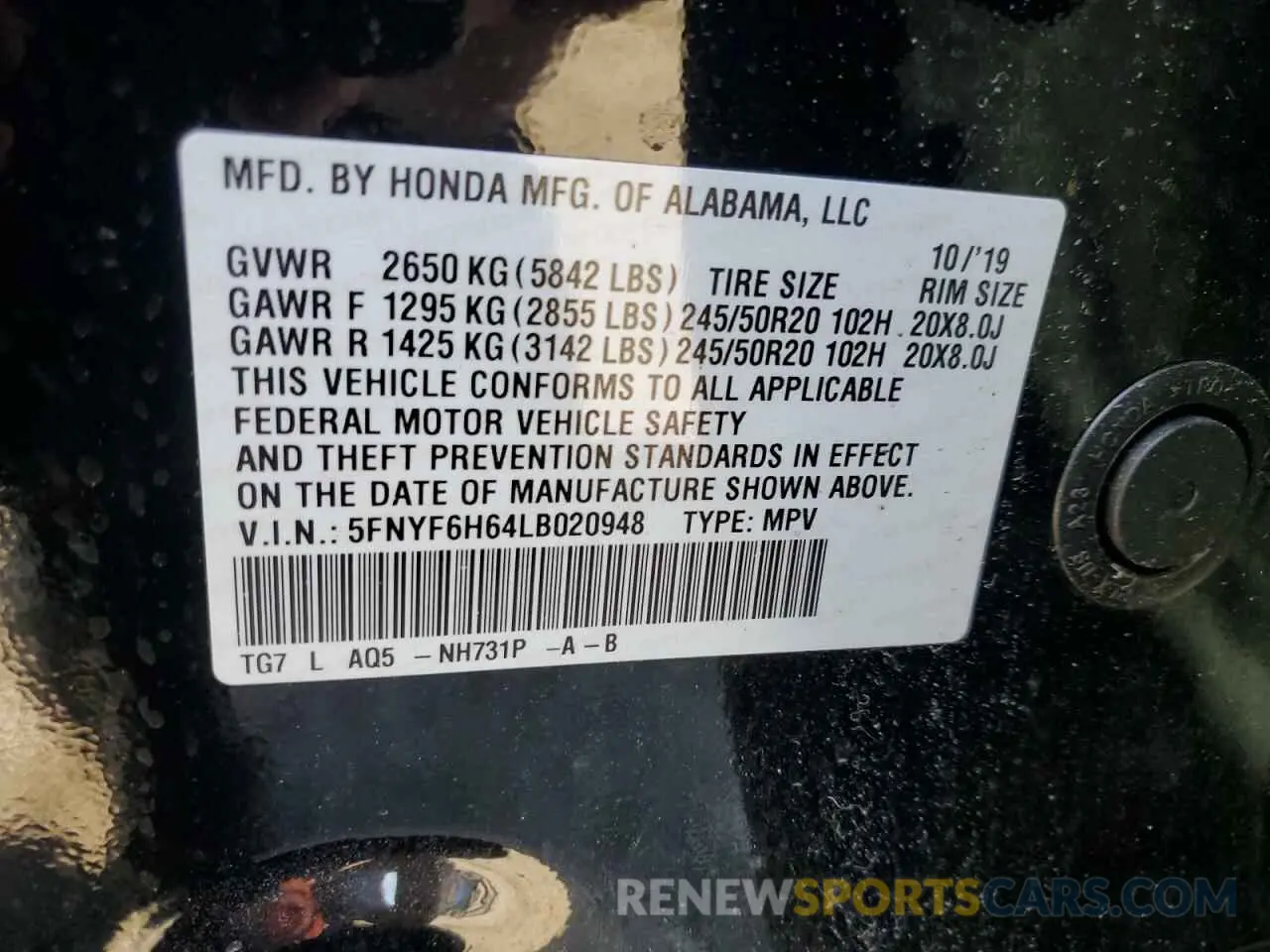 14 fotografías del automóvil dañado 5FNYF6H64LB020948 HONDA PILOT 2020