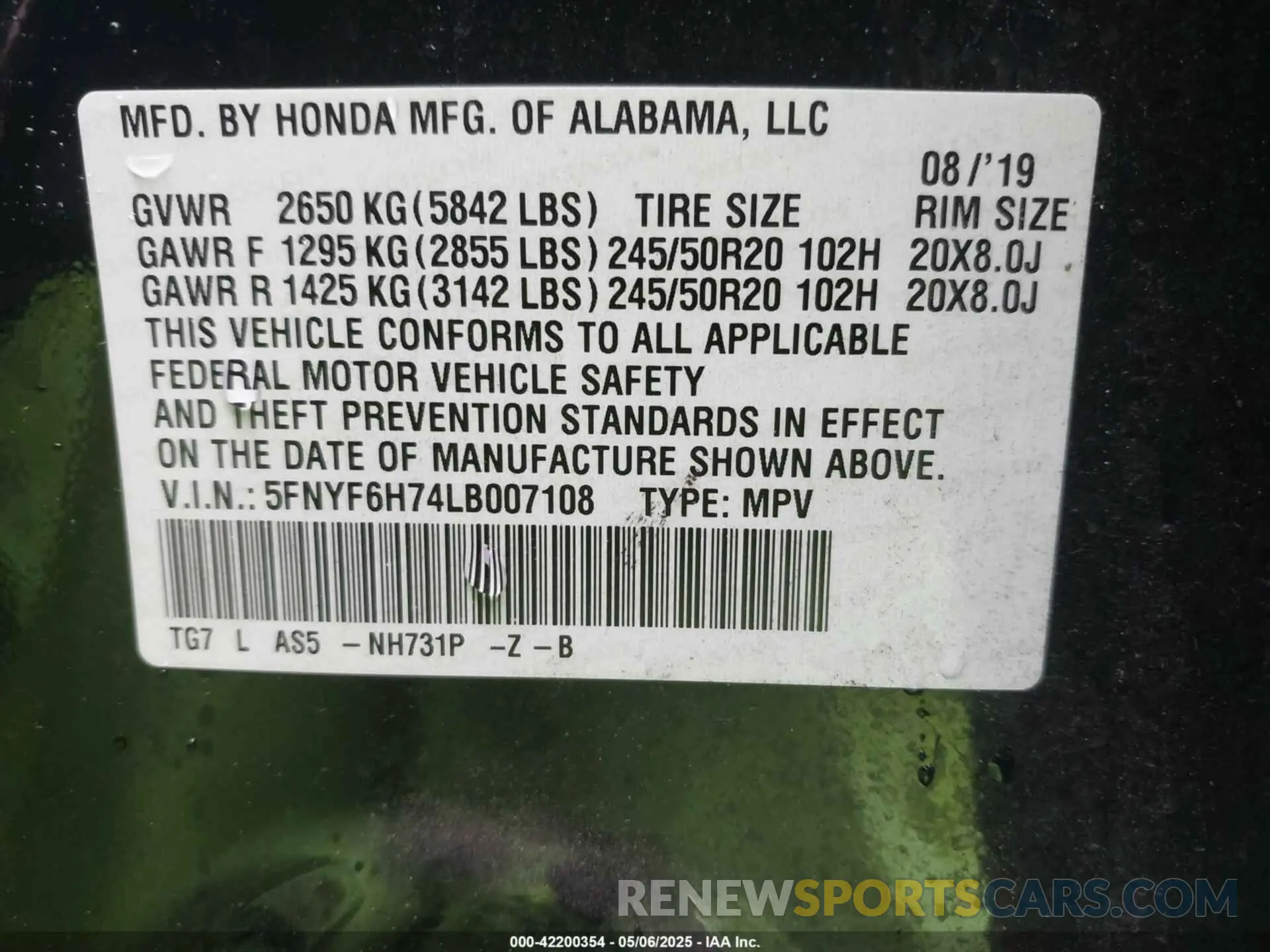 9 fotografías del automóvil dañado 5FNYF6H74LB007108 HONDA PILOT 2020