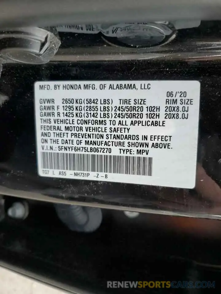 14 fotografías del automóvil dañado 5FNYF6H75LB067270 HONDA PILOT 2020