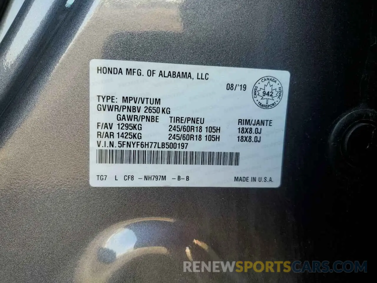 14 fotografías del automóvil dañado 5FNYF6H77LB500197 HONDA PILOT 2020