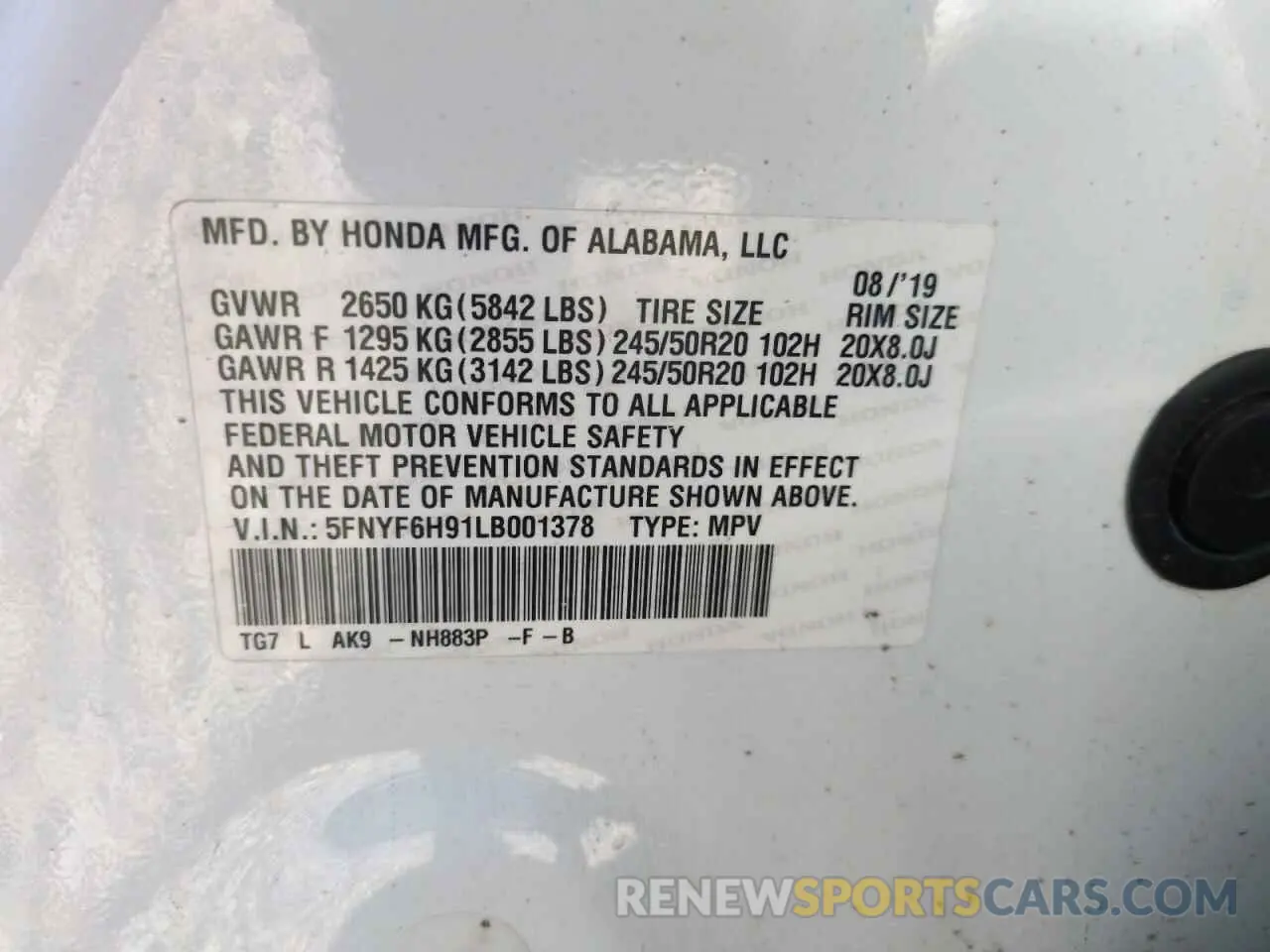 14 fotografías del automóvil dañado 5FNYF6H91LB001378 HONDA PILOT 2020