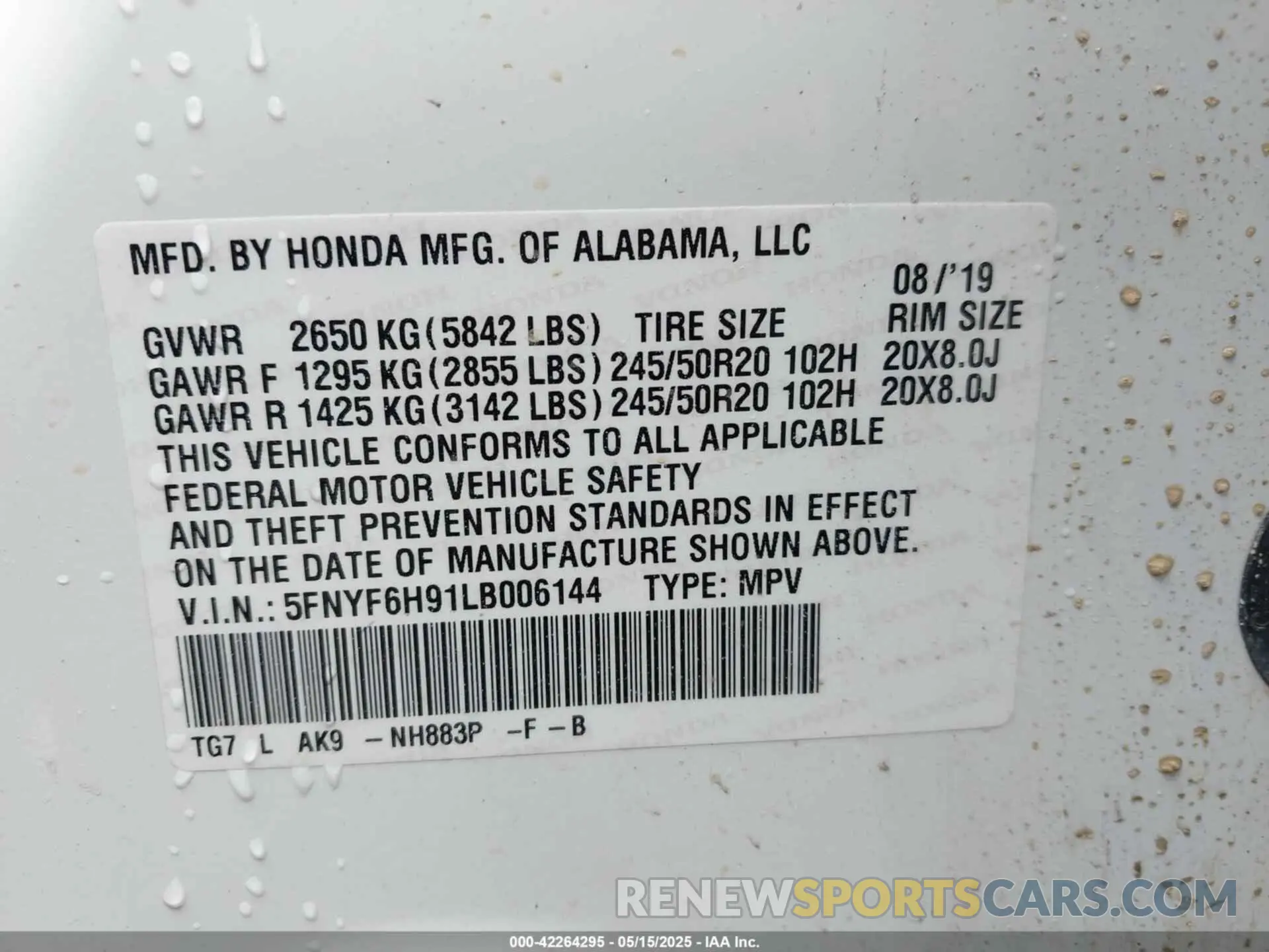 9 fotografías del automóvil dañado 5FNYF6H91LB006144 HONDA PILOT 2020