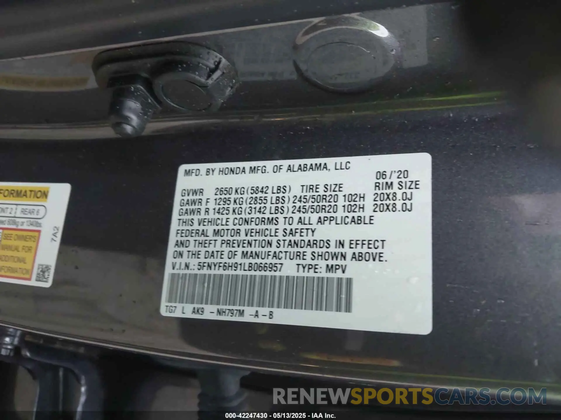 9 fotografías del automóvil dañado 5FNYF6H91LB066957 HONDA PILOT 2020