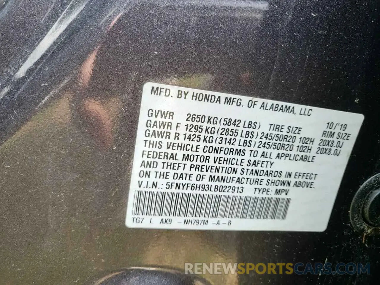 10 fotografías del automóvil dañado 5FNYF6H93LB022913 HONDA PILOT 2020
