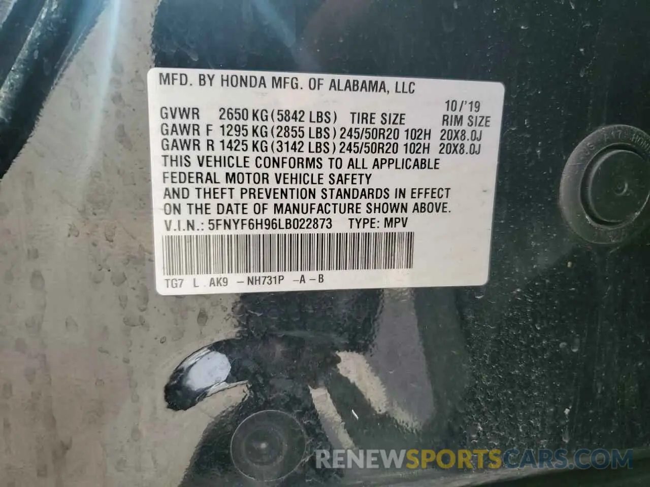 13 fotografías del automóvil dañado 5FNYF6H96LB022873 HONDA PILOT 2020