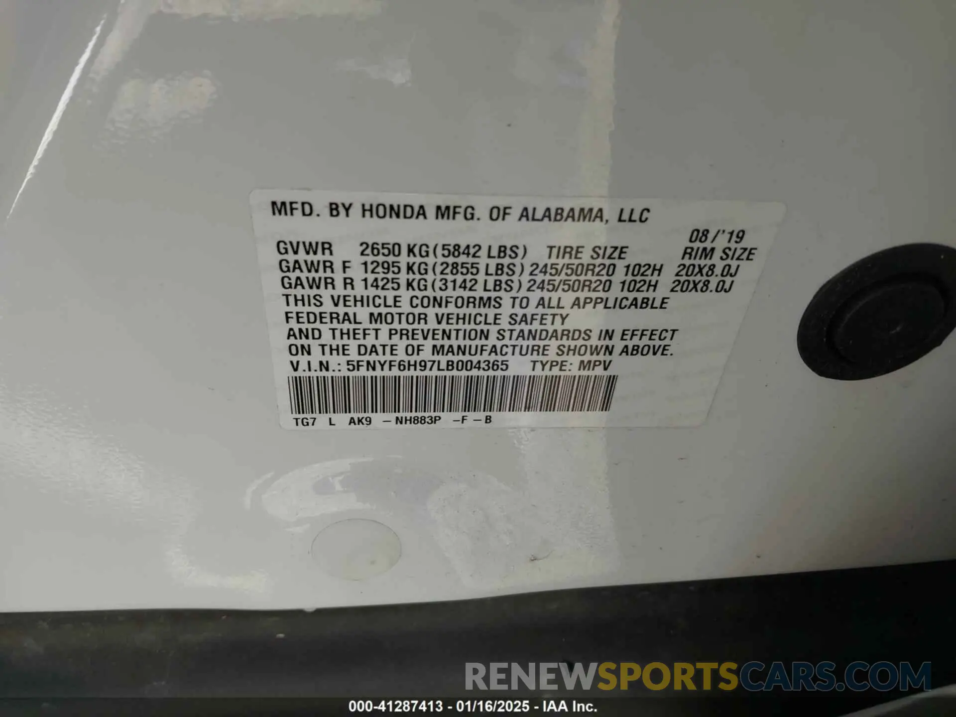 9 fotografías del automóvil dañado 5FNYF6H97LB004365 HONDA PILOT 2020